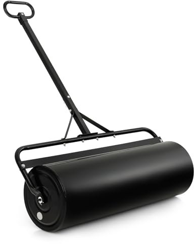 GYMAX Rullo da Giardino per Prato, Rullo da Giardino in Metallo, Rullo per Prato capacità 113 L, Riempimento con Sabbia/Acqua, Diverse modalità di Utilizzo, Maniglie di Facile Presa, Φ40x90cm (Nero)