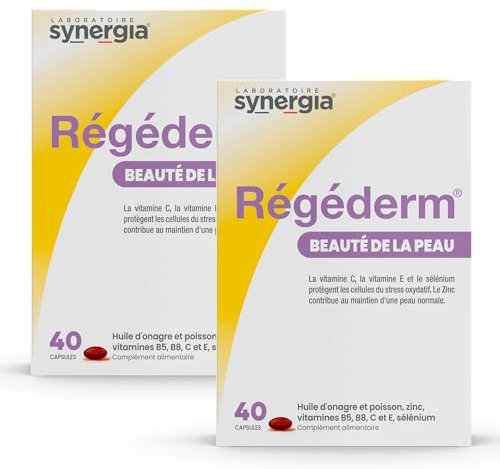 RÉGÉDERM Lot de 2X40 Capsules | Régénère la Peau Sèche et protège la peau des effets du vieillissement | Huile d’onagre riche en oméga 3, vitamines C et E, sélénium et zinc | LABORATOIRE SYNERGIA