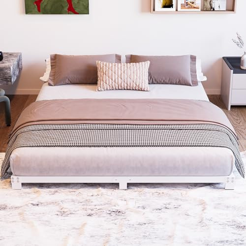 VERFARM Plattformbett aus Metall, Bettrahmen 120 x 200 cm - Höhe 8cm - Metallbett mit Lattenrost Metall, Modern Metallbett Für Erwachsene, Kinder, Jugendliche, Einfache Montage, Doppelbett Weiß