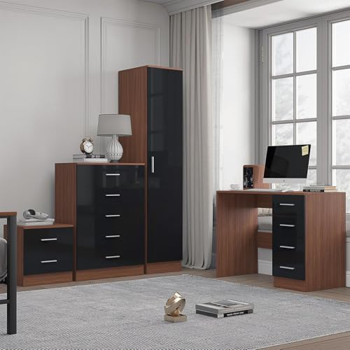 Reflect 1 Door Plain Wardrobe, 5 Drawer Tallboy Chest, 2 Drawer Bedside Table & Desk/Dressing Table | Black Gloss & Walnut Finish | Modern Bedroom Furniture Set