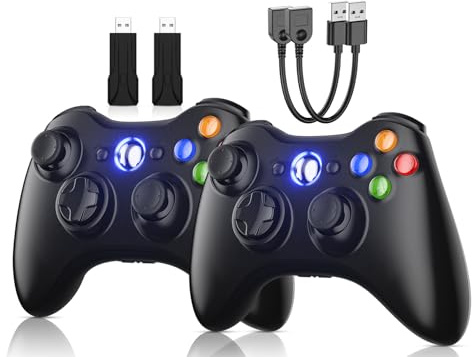 Gamrombo 2 Pack Replacement for Xbox 360 Controller, Compatible with 360 & Slim, Windows PC, Support Dual Shock, 2.5mm Audio Jack, with USB Extension Cable and USB Dongle