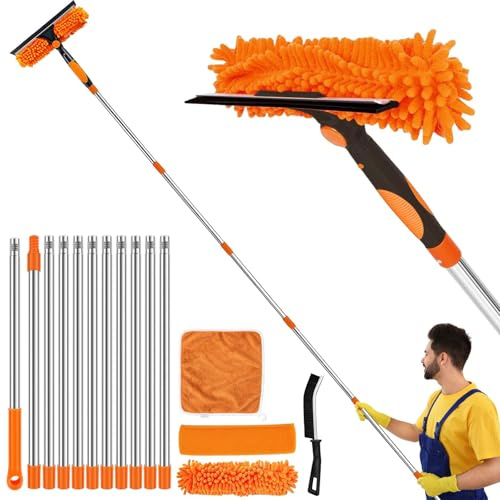 4.5M Window Squeegee Cleaning Equipment Kit with Long Pole, 2 in 1 Extendable Window Cleaner 180° Rotatable Telescopic Window Cleaner with Squeegee and Microfiber Cloth for Indoor/Outdoor (Orange)