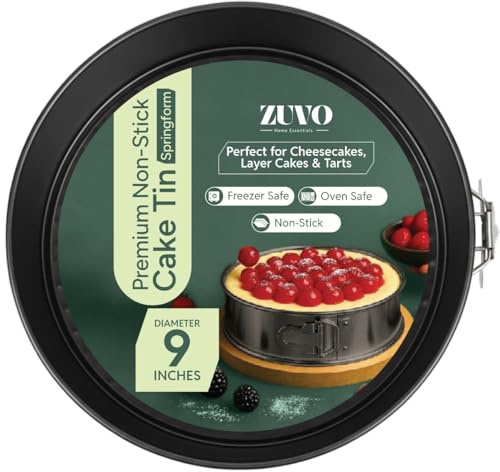 Zuvo Non-Stick Springform Cake Tin (22cm /9 inches) – Carbon Steel Round Baking Pan with Loose Base, Easy Clip Release, Oven, Fridge & Freezer Safe, Leak-Resistant Bakeware Cheesecake Tin