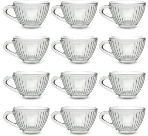 Set 12 Tazzine da Caffè in Vetro Trasparente 70 ml con Manico Design a Righe Verticali Senza Piattino Ideali per Espresso e Liquori Casa e Bar Professionali