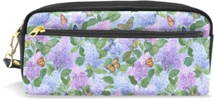 Mnsruu PU Leather Pencil Case Lilac Butterfly Pen Pouch Makeup Cosmetic Bag