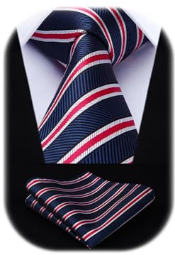 HISDERN Cravate Homme Rayée Rouge et Bleu Ensemble Cravate et Mouchoir Extra Longue pour Mariage Fête Travail Cravates avec Pochette Set