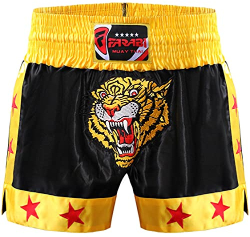 Farabi Sports Muay Thai Shorts - Pantaloncini da Boxe per MMA, Kickboxing, Allenamento, Combattimento in Gabbia, Esercizio Fisico, Fitness alle Prese, Corsa e Arti Marziali (Black/Gold, M)
