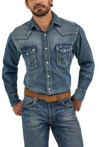 Wrangler herr Skjorta Cowboy Cut Western Långärmad Snap Work Skjorta Tvättad Finish, Antik blå, XXL