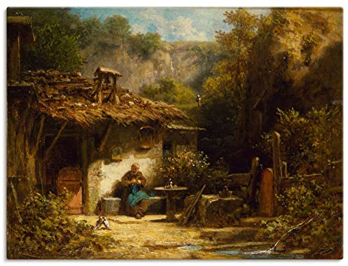 ARTLAND Wanddeko Leinwand Bilder Wandbild 80x60 cm Garten Hütte Pflanzen Eremit Sitzbank Strickender Einsiedler 1860/70 Biedermeier Carl Spitzweg T6LZ