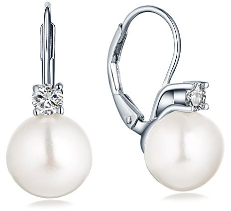 JO WISDOM Pendientes Perlas de Plata 925 Mujer con 10mm semi-redond Perlas de agua dulce Circonita Cúbica AAA