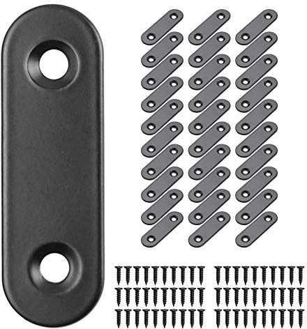 TOPPROS Pack of 30 Flat Corner Brace Plates Metal Joining Plates Connector Repair Bracket with Fixing Screws,(2 inchx0.6x0.08 inch), 2 Holes,Stainless Steel, Black