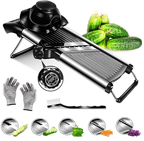 Myiosus Mandoline Vegetable Slicer, Stainless Steel Mandoline Slicer Professional, Food Chopper for Salad Vegetable, Adjustable Mandolines Julienne Cutter with Safety Gloves and Cleaning Brush