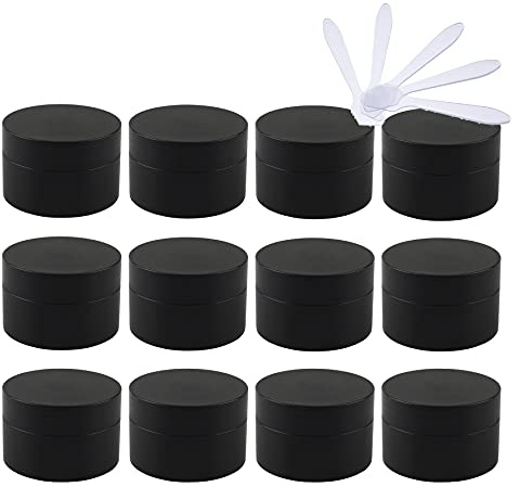 TIANZD 12 Pieces 50ml Matte Black Empty Plastic Cosmetic Jars with Screw Lid Inner Liner 50g Small Containers for Homemade Cream Gel Lip Balm Salve Storage Pot with 6x Spatula