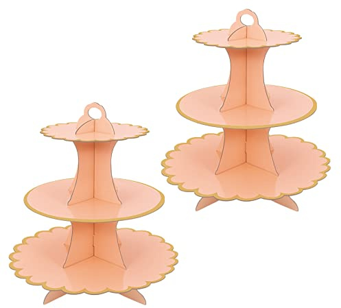 2 Pack Pink Cake Stand Cardboard Cupcake Stand 3 Tier Cupcake Dessert Holder Round Tower Cardboard Cake Stands for Afternoon Tea 3 Tier Cake Stand for Birthday,Party,Baby Showers