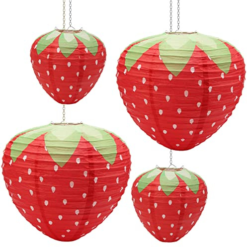 4Pcs Strawberry Paper Lanterns, Windspeed Large Strawberry Paper Lantern Hanging Decor 3D Strawberry Decoration Hanging For strawberry Birthday party decorations 8 inch, 12 inch (red)
