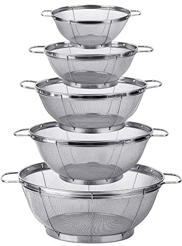 5 Pack 18/8 Stainless Steel Colander Sieves, Multi Size Mesh Strainer Net Baskets with Handles & Resting Base for Strain, Drain, Rinse or Steam