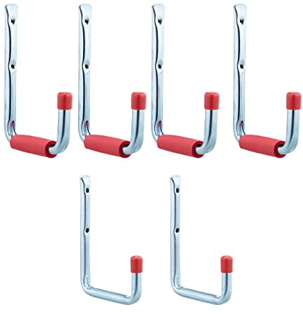 Relaxdays Wandhaken 6er Set, 2 Größen, bis 17,5 kg, Haken für Garage, Werkstatt, Keller, Stahl, Schaumstoff, Silber-rot | Haken für Garage, Werkstatt, Keller, Stahl, Schaumstoff