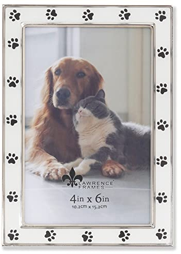 4x6 Silver Metal and White Enamel Picture Frame, Paw Print Design