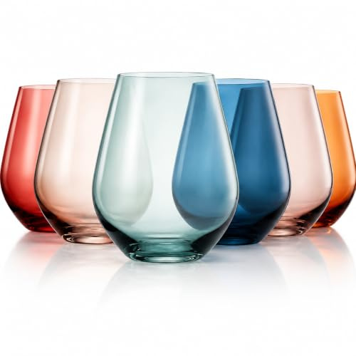 The Wine Savant Colored Wine Glasses | Set of 6 | Crystal, Large 16oz, Stemless Goblet Drinking Cups, Luxury Multi Color Glassware Gift Set - Her, Wife, Mom Friend - Colorful Water, Wine, Cocktail