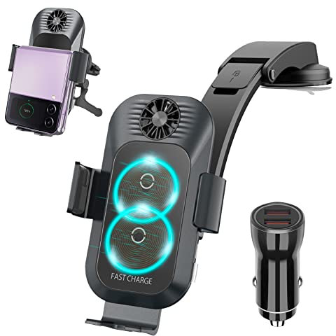 Olycism Doppia Bobina Caricatore Auto wireless 15W Qi Caricabatteria da Auto Induzione Adattatore Caricabatterie Veloce Telefoni QC 3.0 per Samsung Galaxy Z Flip 4/3/2 iPhone 14/13 Huawei Google nero