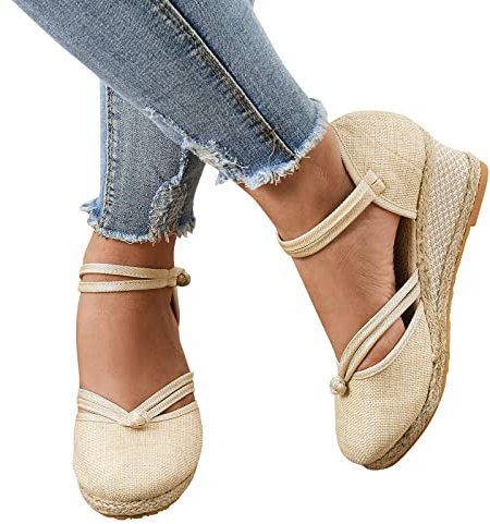Alueeu Sandalias Mujer Verano 2023 Cuña Comodas Alpargatas Zapatos Casual Hebilla Fiesta Clásica Elegantes con Pala Cerrada Exterior Forrada de Yute Romano Sandalias de Playa, 05 Beige, 38 EU