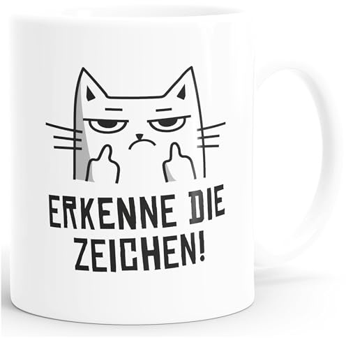 MoonWorks® Kaffee-Tasse Katze Mittelfinger Erkenne die Zeichen mit Spruch Bürotasse lustige Kaffeebecher Weiss standard