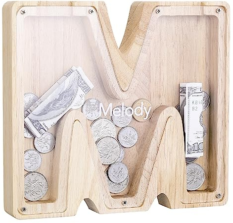 Kinsinder Holz Buchstaben Spardose, Holz Spardose Kinder Personalisierte Kreative Brief Münzbank Spardose mit Alphabet Aufklebern für Familie, Weihnachten, Geburtstag, Geschenk (M, S)