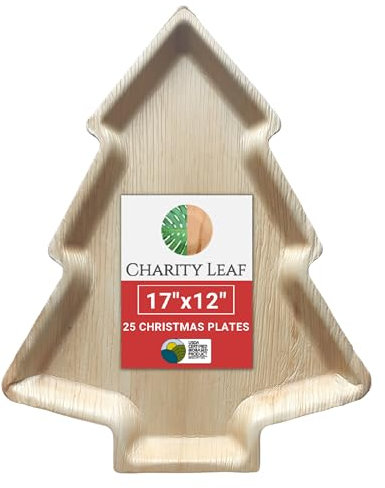 Charity Leaf Platos de Navidad desechables de hoja de palma de 17 x 12 pulgadas (25 piezas), platos de bambú para servir, tablas desechables, vajilla ecológica para Navidad, bodas, catering, eventos