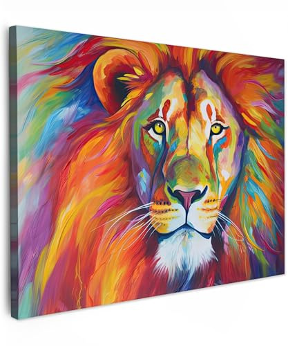 MuchoWow© Bild auf Leinwand 80x60 cm Schlafzimmer Bilder Wand Deko Wohnzimmer Modern Wanddeko Bilderwand Geschenk Kunstdruck - Bunt - Löwe - Tiere - Ölfarbe - Regenbogen