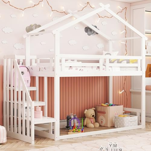Merax Hochbett 90x200 cm, Hausbett für Kinder, Niedriges Etagenbett aus Holz mit Rausfallschutz und Lattenrost, Kinderbett mit Dach und Sicherheitstreppe, Spielbett für Jungen & Mädchen, Weiß