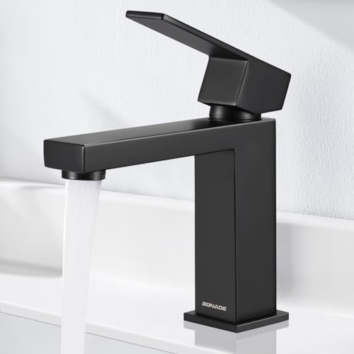 BONADE Robinet Salle Bain Noir, Mitigeur Lavabo Carré Robinet Lave Main eau chaude et froide Mitigeur salle de Bain Acier inoxydable