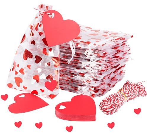 FOIMAS Organza-Geschenkbeutel in Herzform, 10,2 x 15,2 cm, 50 Stück Valentinstag-Beutel mit Kordelzug und 50 Kraftanhängern, für Schmuck, Süßigkeiten, Valentinstag, Hochzeit, Party