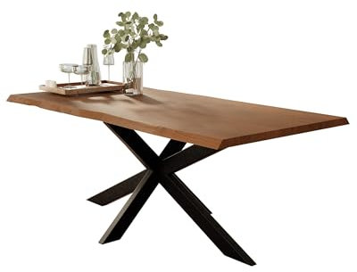 Liadomo Esstisch 120x80 Isa Nuss, Baumkantentisch, Akazie Massivholz Tisch, 26mm Tischplatte Lackiert, Robust & Pflegeleicht, Unikat, Spider-Gestell Metall schwarz