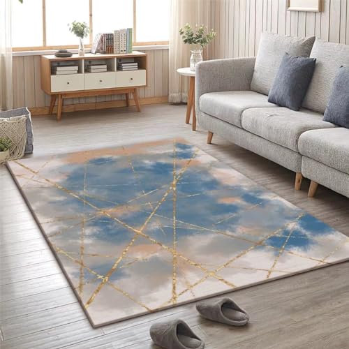 Kunsen 200X300CM Teppich Läufer Kurzflorteppich, bequem, rutschfest, schmutzabweisend, Flur und Wohnzimmer, waschbar Modern Blau Flickenteppich Pflegeleicht
