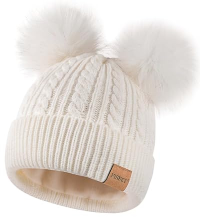 FISFET Mütze Damen Winter mit Doppelter Bommel, Damen Mütze Winter Warme Kaltes Wetter Strick Fleece Gefüttert, Beanie Cap für den Täglichen Gebrauch(Weiß)