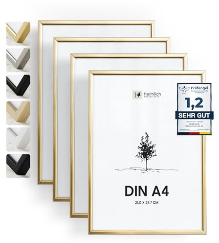 Heimlich Fotorahmen aus Aluminium - DIN A4 21 x 29,7 cm, Gold, 4er-Pack | Heimlich® – Robuste Metallrahmen Für Dokumente, Zertifikate Und Diplome – Wandhalterung Oder Tischaufsteller