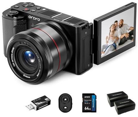 ORDRO G730 - Fotocamera mirrorless con video 5K, AF/MF, zoom ottico 12X, 3,2 pollici con schermo vari-angolo mirrorless fotocamera digitale con scheda SD da 64 GB