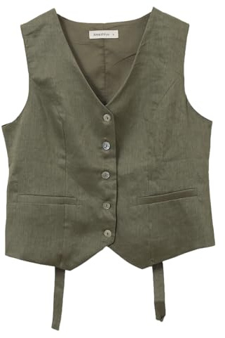 Amazhiyu Gilet da donna, in lino, senza maniche, con scollo a V, corto, abbottonatura, vestibilità stretta, allacciatura sulla schiena, verde, XL