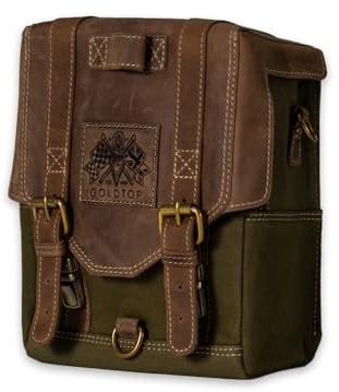 Goldtop | Waxed Canvas & Leather Magnetic Motorcycle Tank Bag - Large - Olive Green & Light Tan - Classic Custom Style Motorbike Storage Bag with Strong Neodynium Magnets