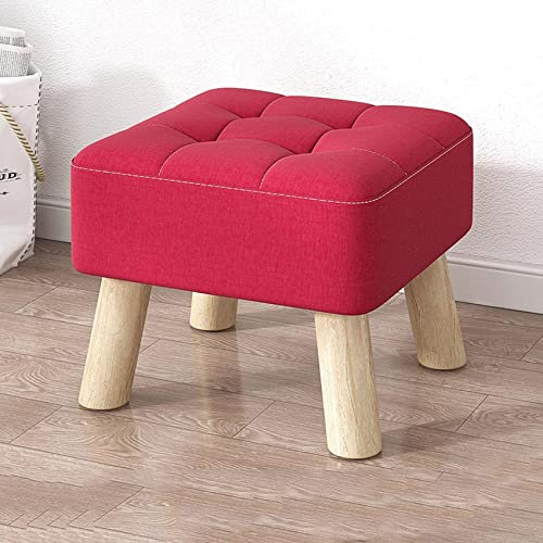 Ottomane Fußhocker aus Leinen, mit Holzbeinen, für Wohnzimmer und Schlafzimmer, 30 x 30 x 26 cm, Rot