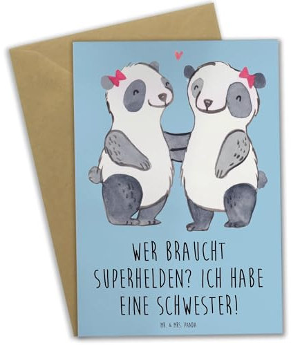 Mr. & Mrs. Panda Grußkarte Liebe Schwester - Geschenk, Superhelden, herzerwärmende Sprüche, besondere Verbindung, beste, cool, Glückwunschkarte, handgefertigt, Papa, Handarbeit, Einladungskarte