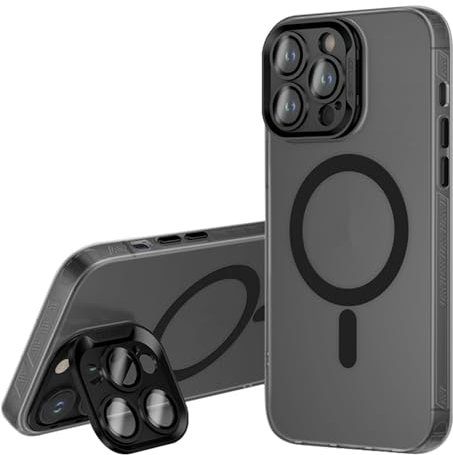 LUOTILAG Magnetisch Hülle für iPhone 16 Pro Max/16 Pro/16 Plus/16, Kristall Komplett Kamera Schutz Klapp Halterung Kein Vergilben Telefonhülle,Schwarz,16
