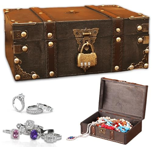 GBKDQQ Coffre au trésor en bois vintage 24 x 17 x 9,5 cm avec serrure à combinaison, coffre au trésor, coffre au trésor, coffre à trésor, coffre en bois pour le rangement, la décoration
