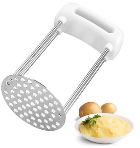 VirtuGro Machacador de Patatas Aplastador de Patatas Prensa Patatas de Mango Ergonómico Potato Masher Acero Inoxidable Apto para el Lavavajillas Para Puré de Patatas Frutas y Vegetales Blanco