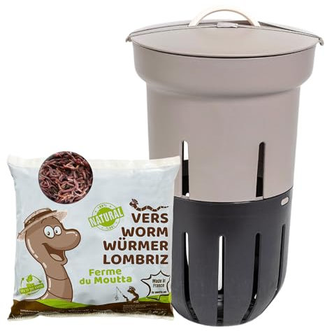 Moutta | Lombricomposteur Gris à enterrer 12L | 250gr de vers de Compost | A enterrer dans Votre jardinière | Compostez Vos déchets organiques | Parfait pour Nourrir Vos Plantes