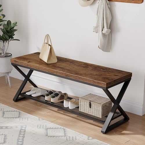 LVB Sitzbank mit Stauraum 120cm, Schuhbank Flur, 36T×120B×46H,Braun | Robuste schwarze Schuhbank mit Sitzfläche und Schuhablage, stabile Holzkonstruktion für Flur und Schlafzimmer