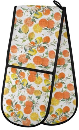 Oven Gloves Double Oven Gloves Orange Lemon Fruit Heat Oven Mitts Pot Holder Heat Resistant Quilted for BBQ Baking Kitchen Cooking Gloves