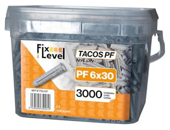 Tacos pared - Caja en Cantidad de Tacos - FixLevel - Tacos Pladur - Material Nylon - Diferentes Medidas 6mm, 8mm, 10mm - Tacos universales (6 mm, 3000, Unidad)