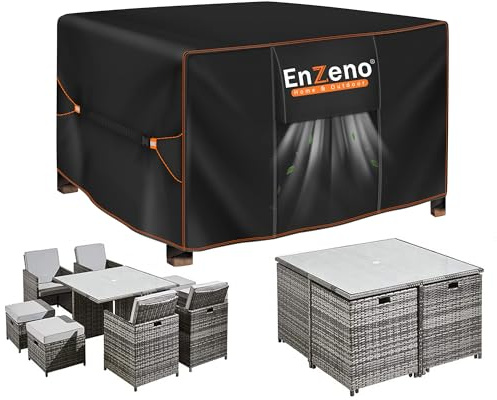 Enzeno Garden Furniture Cover Waterproof,Outdoor Square/Cube Table Covers | 420D Oxford Patio Rattan Table Chair Set Cover with Waterproof Sealing Strip,Metal Buckle & Velcro,Air Vents 130x130x74cm