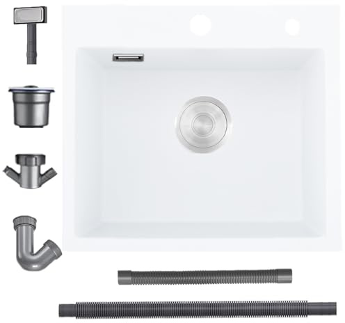 Bokaiya White Kitchen Sink, 55x45cm Quartz Composite Kitchen Waste Kit, Drop in Topmount Single Bowl, Small Sink with 2 Tap Holes and Siphon, Overfolw, Suitable for Workstation